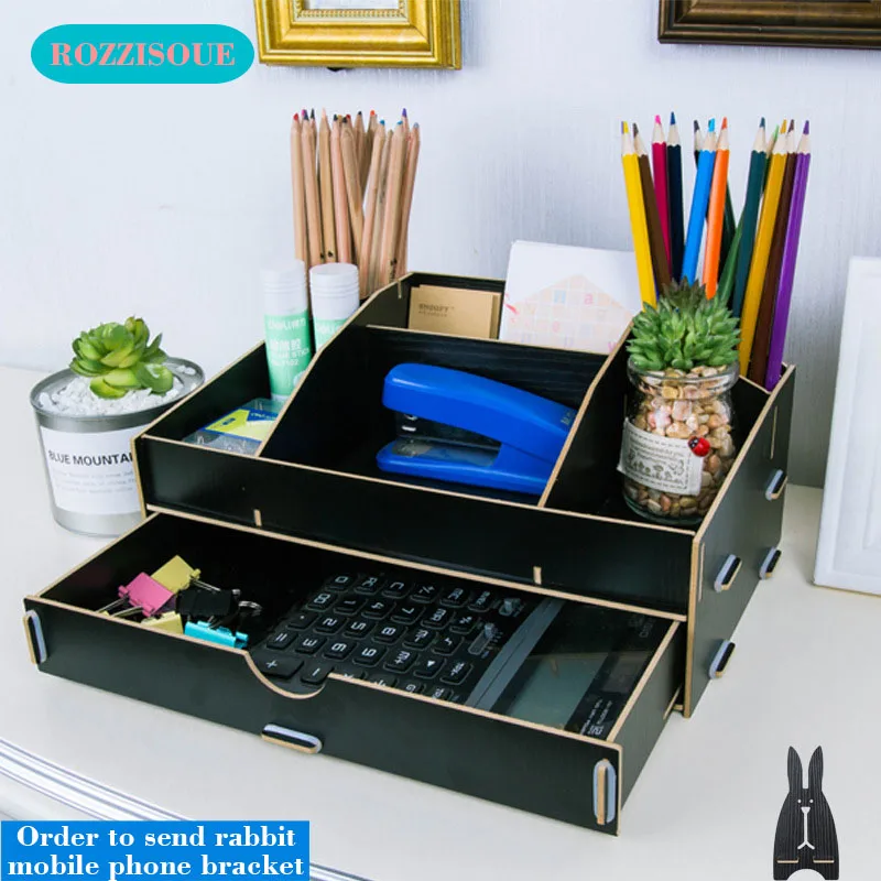 

Multi-function Desk File Holder Magazine Organizer Wooden Stationery Desk Organizer with Slots for Office Supplies Document Tray