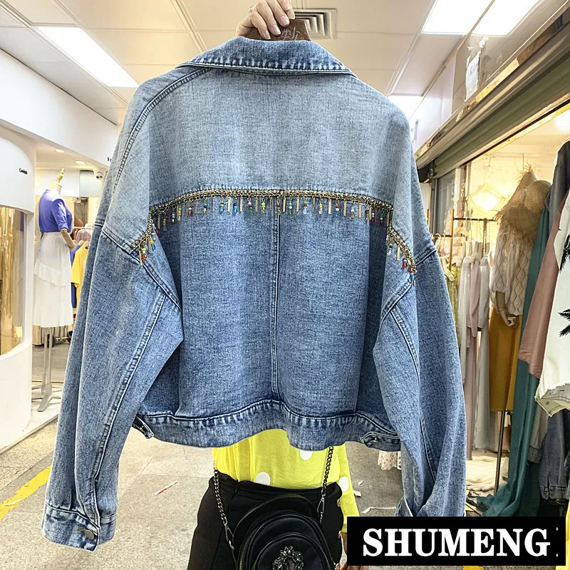 

European 2019 New Autumn Women's Heavy Tassel Diamond Beads Jeans Jacket Korean Female Loose Short Cowboy Coat Denim Jackets