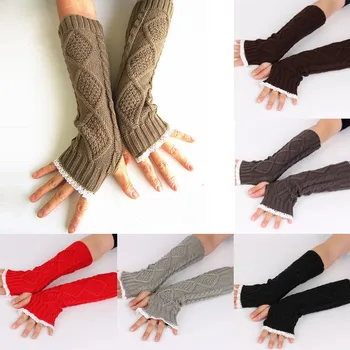 

Women's Winter Gloves Knit Long Buttons Openwork Leaf Lace Warm Bracers Fingerless Gloves 9.5
