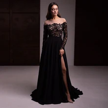 

Elegant Slit Floor Length Evening Dresses With Long Sleeves Black Plus Size Formal Prom Party Gown For Woman Vestido Noche 2021