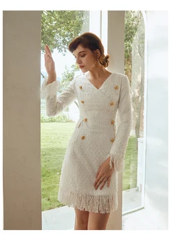 

Newest Stylish 2019 Runway Designer Fashion Tweed Dress Women's Golden Buttons Fringed Tassel Wool Blend Slim Sheath Dresses