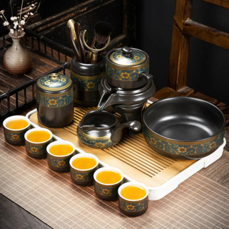 Chinese Ceramic Kungfu Tea Set,Semi-Automatic Stone Mill Teapot with Strainer,Wisteria Gilding, Tea Ceremony Supplies, Cup Was