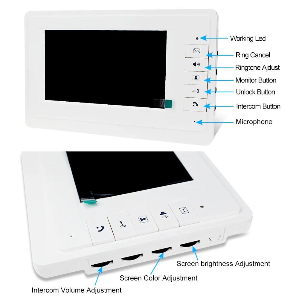 Wired Video Doorbell Intercom Indoor Monitor 7 inch Color TFT-LCD Screen 12/25 Ringtone Two-way Audio Door Phone Panel for Home video intercom station