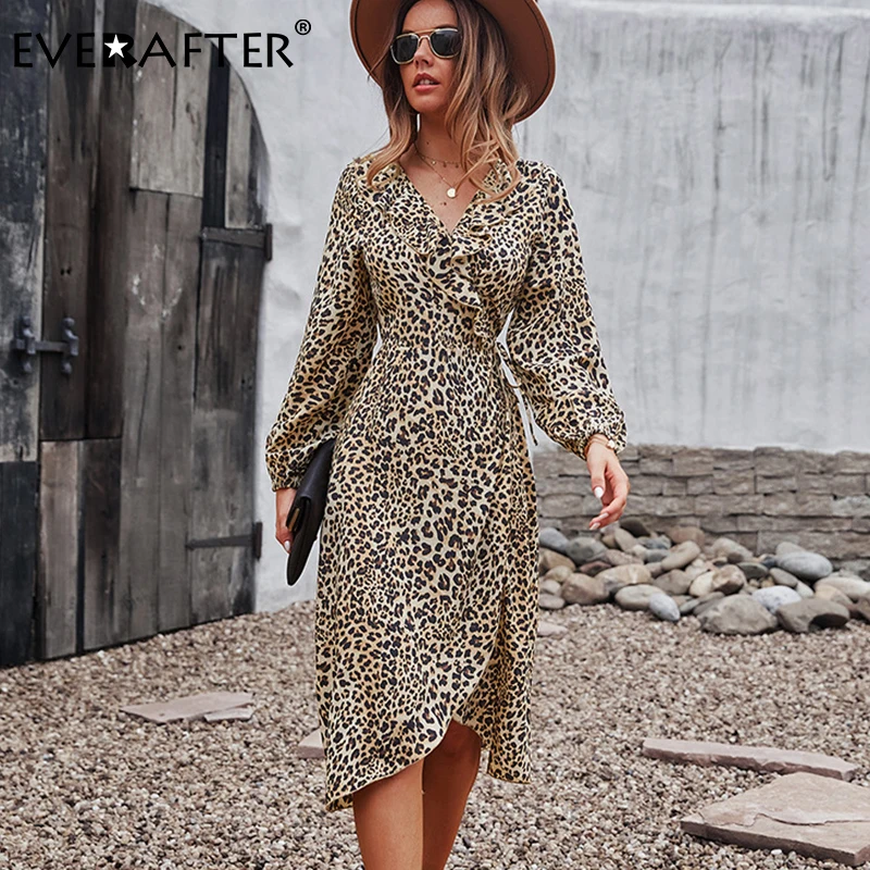 Платье миди EVERAFTER Boho с леопардовым принтом длинным рукавом на шнуровке оборками