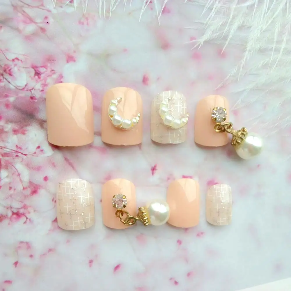 

3D Artificial Fake Fingernails Light Orange False Nails With Design DIY Pearl Moon Full Cover Tips Manicure Tool