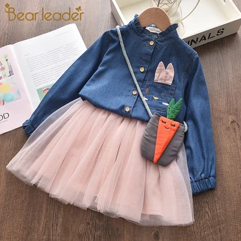 

Bear Leader Girls Dress New Autumn Girl Cartoon Bunny Dress Long Sleeve Denim Embroidery Mesh Dress Kids Vestidos Clothing 3 7Y