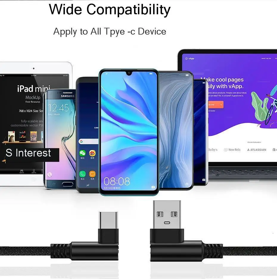 Vogek l-образный USB кабель type-C для Xiaomi, кабели Redmi Note 7 Pro, huawei, кабель для зарядки телефона для iPhone, быстрый USB кабель для передачи данных
