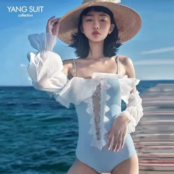 

2020 New One Piece Swimsuit Women's Long Sleeve Sexy Show Thin Lace Hollow Cute Korea Style Bikini Bathing Suit Backless
