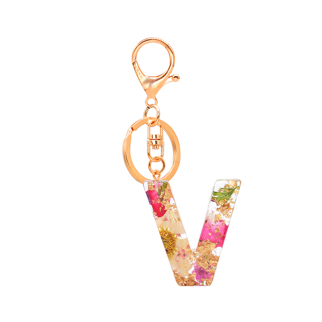 Dried Flower Letter Keychain Creative Colorful 26 English Letter Initial Resin Handbag Keyring Accessories For Women