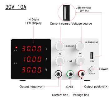 

BLAUBUCHT Fine Adjustment Regulated DC Power Supply 30V 10A Lab Switching Adjustable Power Supplies 4 Digits Display