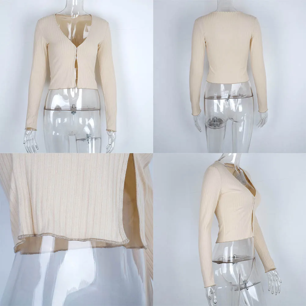 New Women Knitted Solid Thin Sweaters Sexy Crop Top Cardigans Long Sleeve V-Neck Slim Ruffle Button Down Classic Sweater Cropped