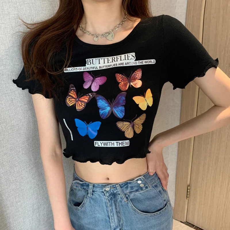 Женский трикотажный укороченный свитер с принтом бабочек белый топ коротким