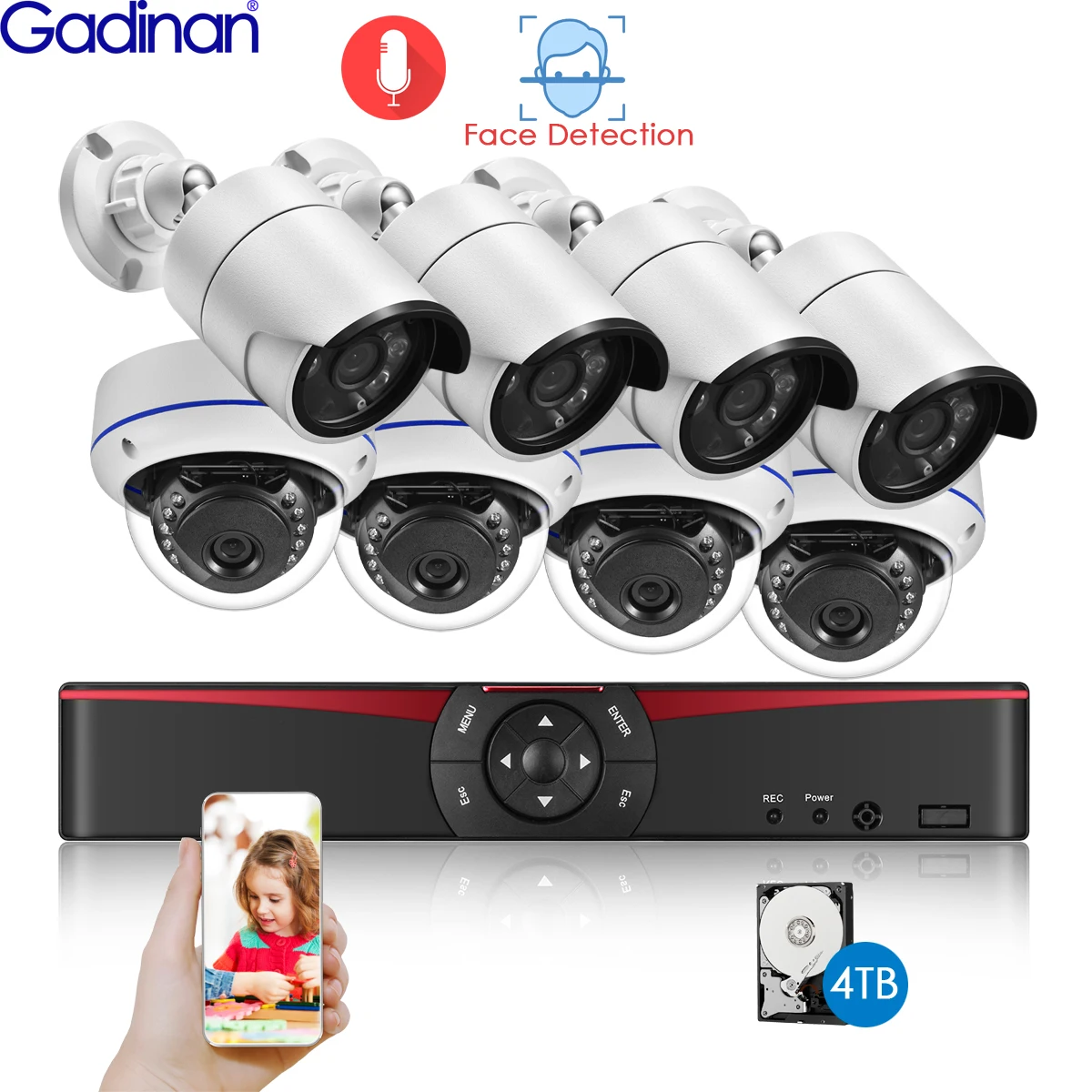 Gadinan 8CH 5MP POE NVR CCTV Security Camera System Face Detection Outdoor 5MP Audio IP Camera Record P2P Video Surveillance Kit