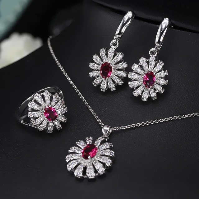 ThreeGraces Green Emerald Cubic Zirconia Stone Flower Necklace Earring and Ring Set 925 Sterling Silver Jewelry for Women  JS500 Red