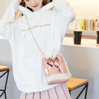 

Bow-knot Ribbons PU Leather Chain Small Bucket Bag Handbags Women Shoulder Bags Girls Drawstring Messenger Crossbody Bag