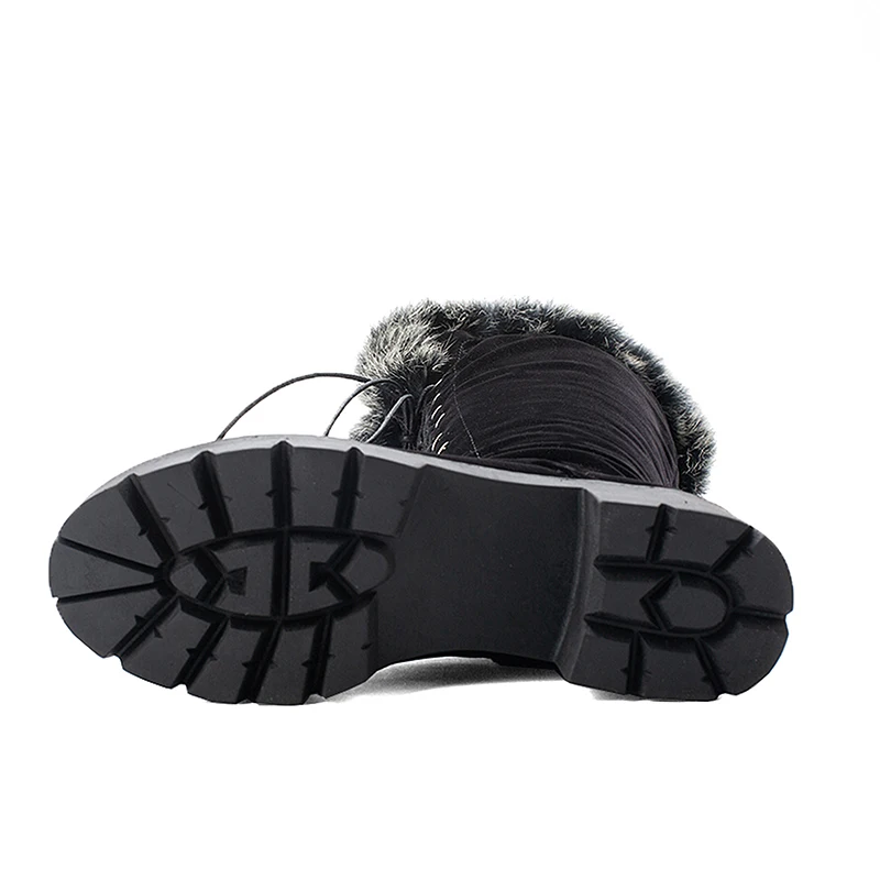 Зимние теплые сапоги в жокейском стиле; сапоги до колена из флока с круглым носком; модная женская обувь на платформе со шнуровкой и кроличьим мехом