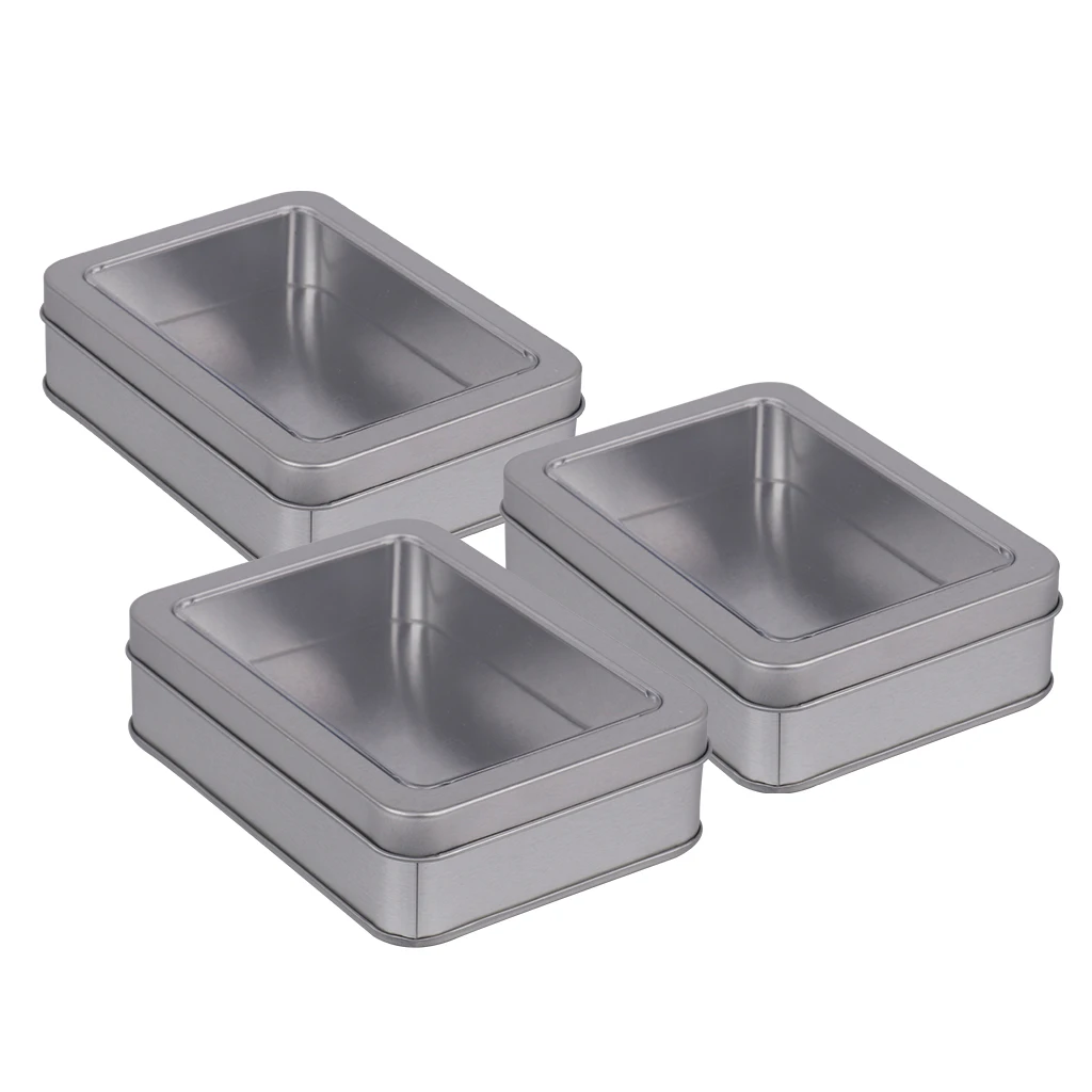 3x Rectangle Tin Storage With Window Lids Small Parts Beads Storage Case Box