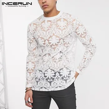 

Fashion Lace Printed Men T Shirt Long Sleeve Round Neck Casual Mens Tee Tops Sexy Transparent Party Nightclub T-shirts INCERUN