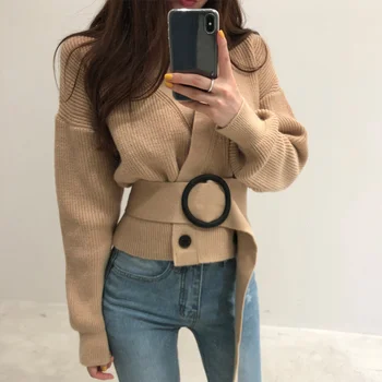 

Knitted V-neck Belt Women's Cardigan Sweater Vintage Long Batwing Sleeve Double Breasted Lace Up Short Sweaters Female 2019