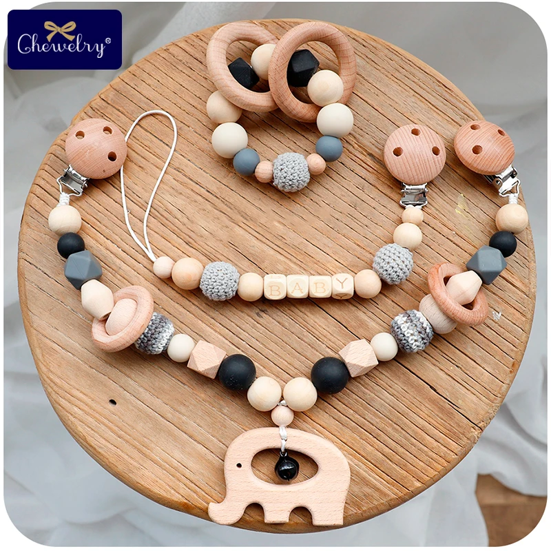 Baby Wooden Pacifier Clip Chain Wooden Baby Gym Silicone Beads