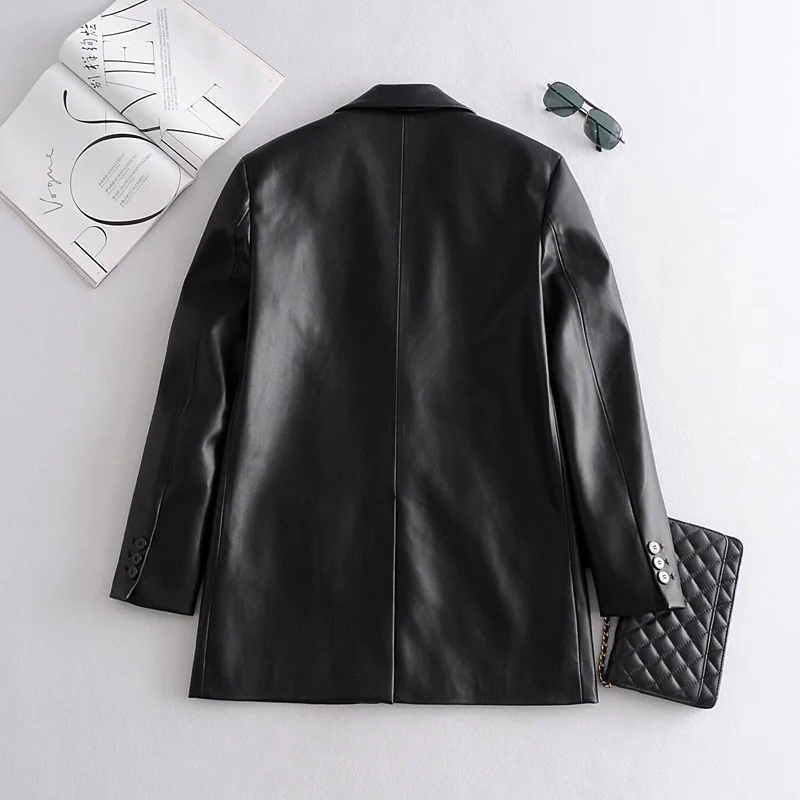 Spring Autumn Women Fashion Black Faux Leather Blazers Coat Solid Pockets Suit Jackets Female Outwear Tops Elegant Blazer Mujer