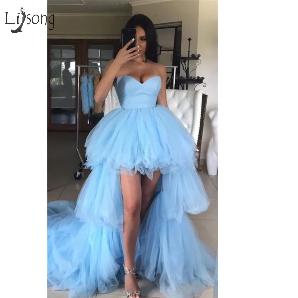 

Fashion Ruffles High Low Tutu Prom Dresses Tiered Trendy Long Tulle Prom Gowns Sweetheart Off Shoulder Vestidos Longo