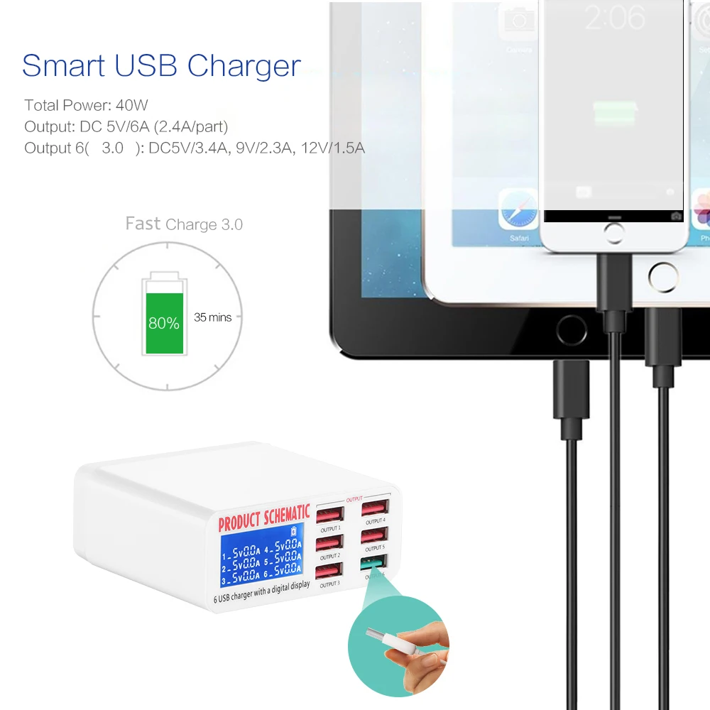 FORNORM USB зарядное устройство с несколькими usb портами быстрое 6 портов гнездо ЖК