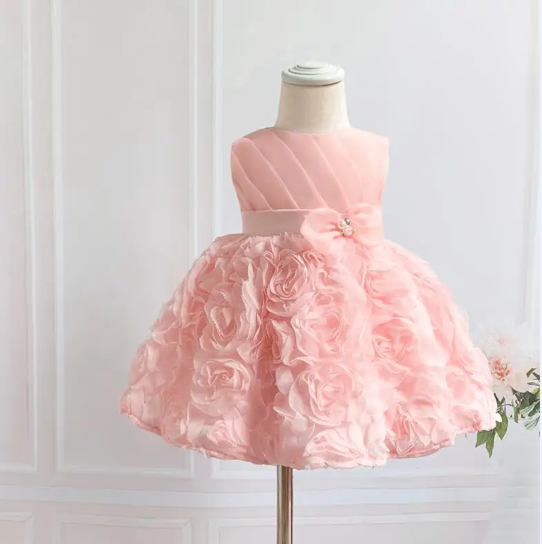 Розовое Кружевное праздничное платье для маленьких девочек платье для дня рождения с бантом и бусинами для маленьких девочек, платье на крестины для маленьких девочек, платье-пачка для крещения - Цвет: Розовый