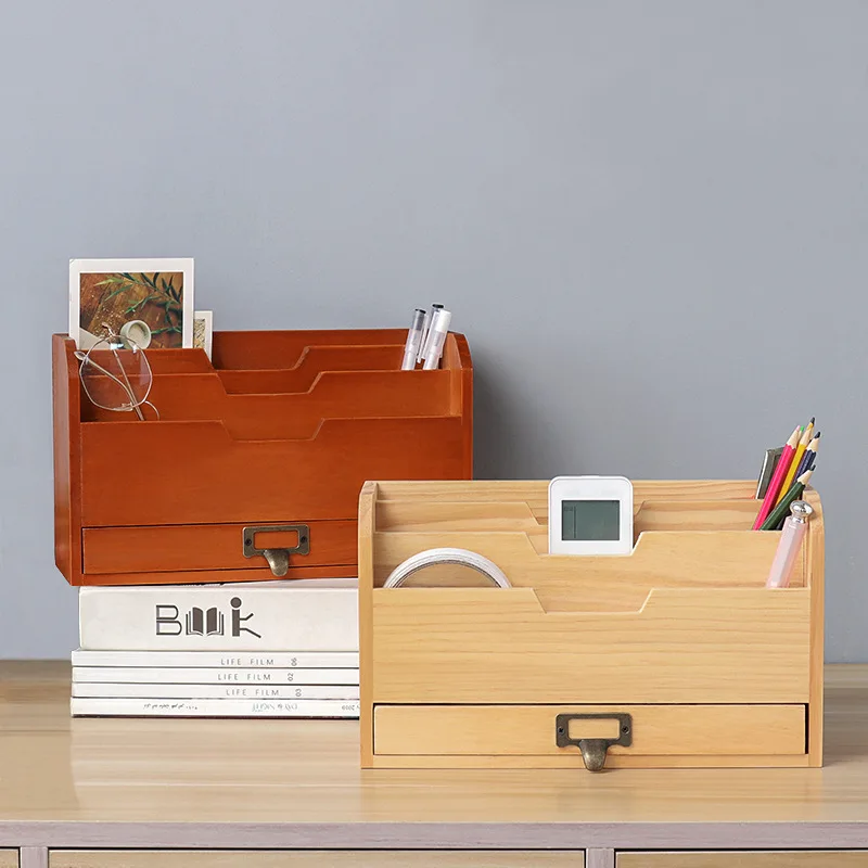 Organizador de almacenamiento de escritorio de madera vintage para oficina  y hogar, escritorio ordenado con control remoto, soporte para lápices