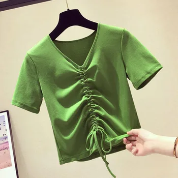 

Women T Shirt V-neck Solid Color Short Sleeve Female T-Shirt Women Tops Plus Size Casual Wild Slim Drawstring Summer Top
