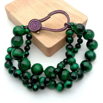 

8" 3 Strands Green Round Tiger Eye Bracelet Cz clasp
