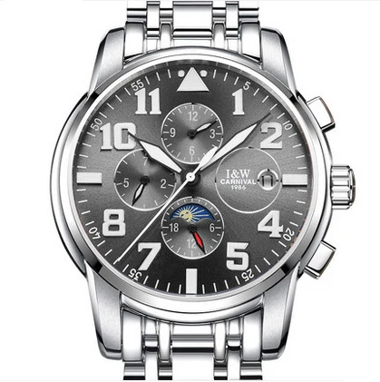 Relogio CARNIVAL Moon Phase Мужские часы Топ бренд класса люкс автоматические механические часы сталь Бизнес водонепроницаемые спортивные часы - Цвет: Silver Black