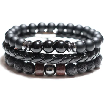 Trendy 3pcs/pair Mens Bracelet Natural Volcanic Stone Braslet Handmade Weaving Leather Brazalete Male Accessories Moda Hombre