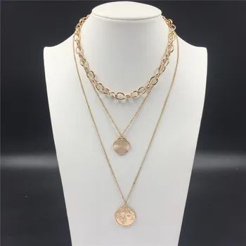 

2019 New Arrivals High Quality Trendy Gold Color Plating Round Coin Punk Chain Layered Necklace For Women Girl