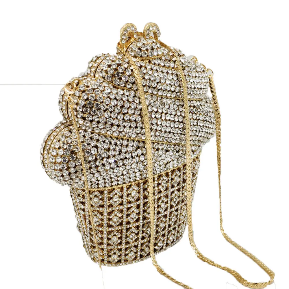 Double Flower Icecream Women Silver Crystal Clutch Evening Purses and Handbags Hard Case Wedding Party Rhinestones Bag