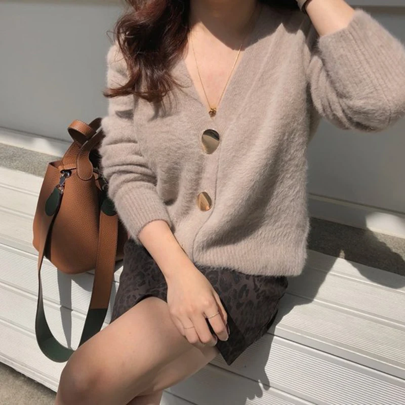Однотонные элегантные женские кардиганы, Повседневные вязаные женские свитера с v-образным вырезом, тонкая осенне-зимняя одежда