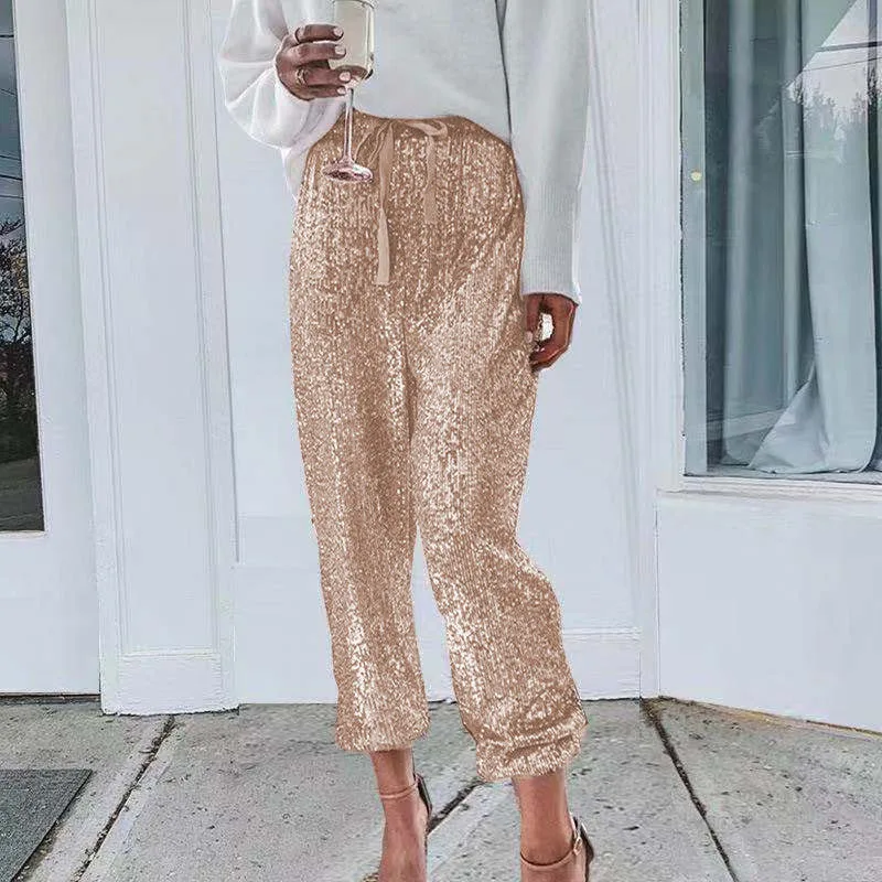 

WEPBEL Pants Drawstring Women High Waist Ankle Length Sequined Casual Fashion Solid Color Ladies Long Pants