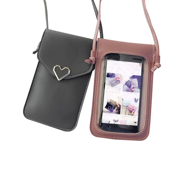 

2020 Women Ladies Fashion Mobile Phone Bag Back Transparent Touchable Pack Casual Mini Messenger Bag with Heart Decoration