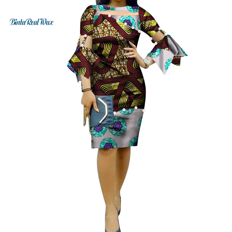 Летние африканские платья с принтом для женщин, из пряжи, с жемчугом, в стиле пэчворк, с расклешенными рукавами, вечерние платья Bazin Riche, африканская женская одежда WY076 - Цвет: 7