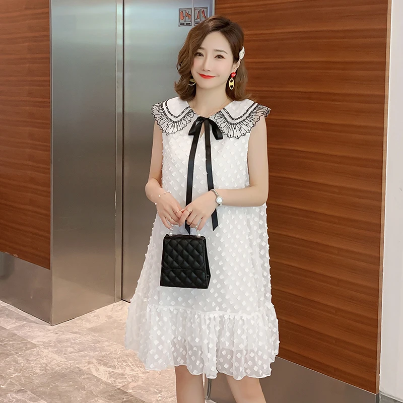 

Summer pregnant women lace shirts sweet bow peter pan collar maternity sundress sleeveless pregnancy chiffon polka dot blouses