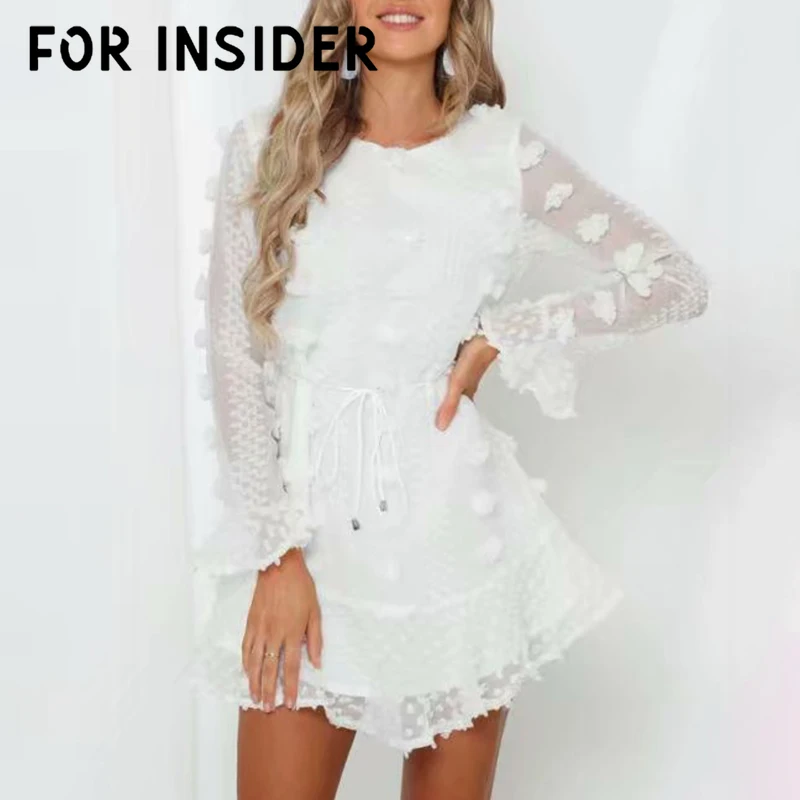 

For Insider Floral white office lady elegant dress Autumn winter see through flare sleeve dress Women sexy jacquard short dress