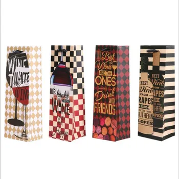 

12pcs Paper Wine Bags 11.5x9x35cm Party Gift Paper Package Lattice Letter Striped Diamond Wine Glass Printing Paper Holder