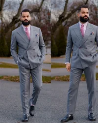 2 Pieces Men Suits Grey Stripe Costumes Hommes Custom Made Formal Business Tuexdos Double Breasted Office Blazer+Pant Suit Sets