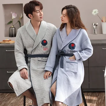 

Couples & Lovers Winter Warm comfy Pajama A Set CKE Pure Cotton Air Cotton Interlayer Nightgown Turn-down Collar Button-Down