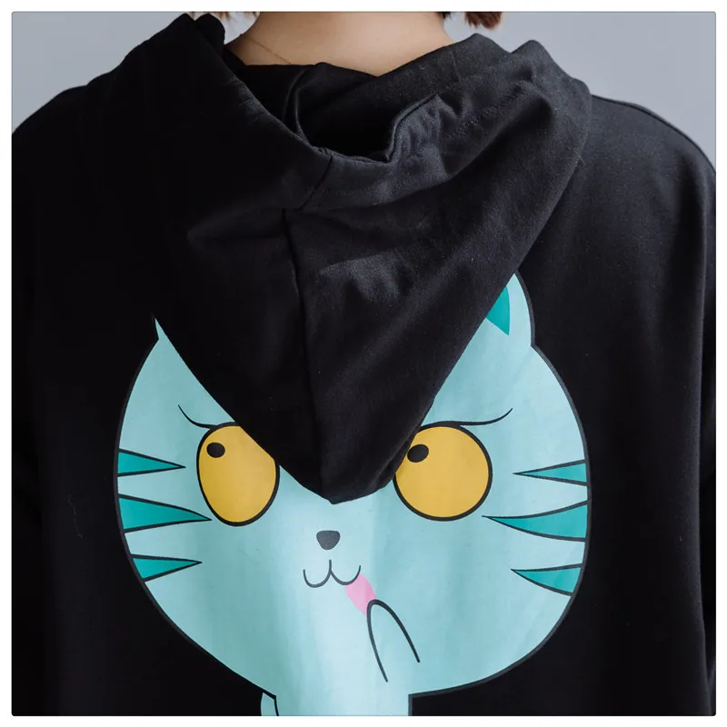 Kawaii мультфильм печати кошка толстовки женские винтажные хлопковые пуловеры Топ Harajuku плюс размер женские свободные толстовки с капюшоном 5XL