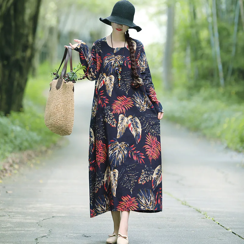 

2019 Autumn New Style Fat Mm Large Size Dress Cotton Linen Dress Long Sleeve Mid-length Skirt