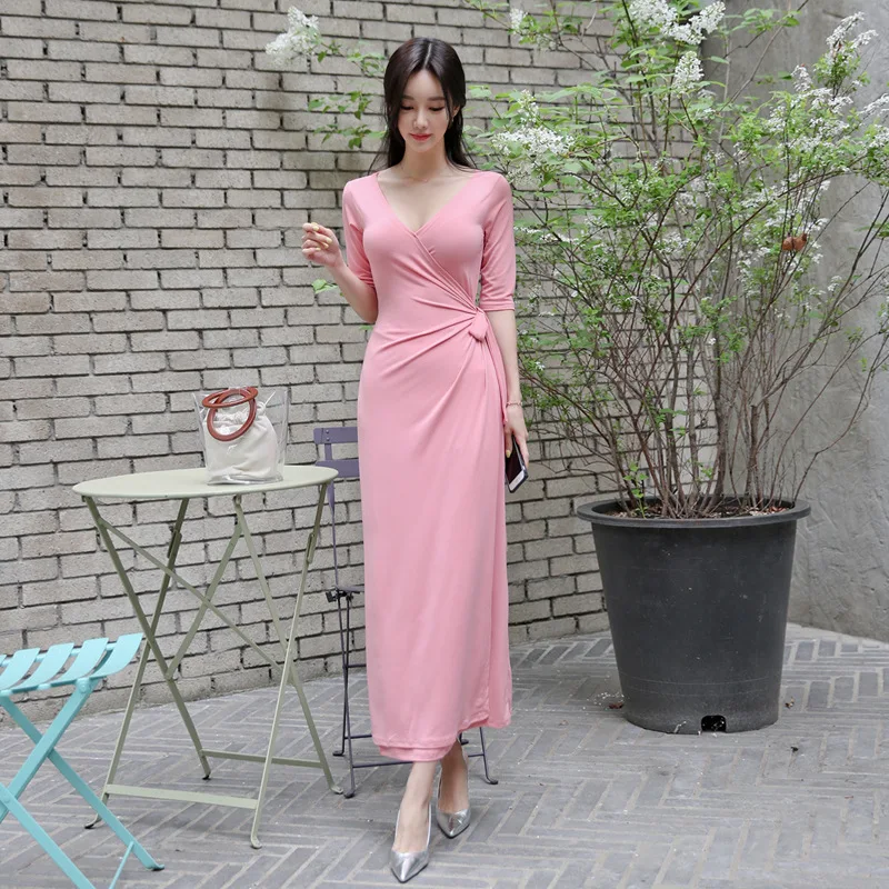 

Korean-style WOMEN'S Wear Pink V-neck Lace-up V-neck Sexy Mid-length Slit Dress Women's