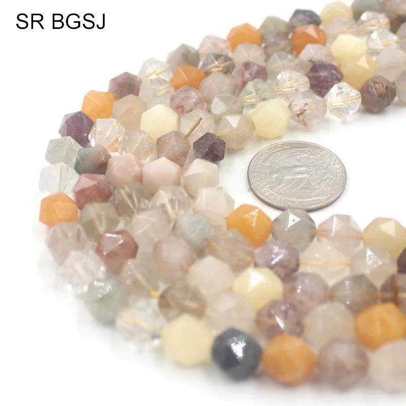 Free Shipping 6mm 8mm 10mm Faceted Round Polygonal Gems Genuine Natural Stone Mixed Rutilated Quartz Beads Strand 15&quot|bead strands|quartz