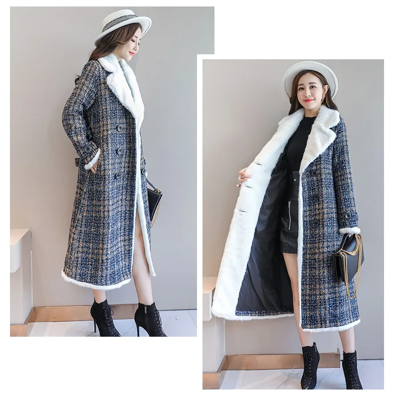Новое клетчатое шерстяное пальто, Женское зимнее классическое пальто, тонкое пальто из овечьей шерсти, двубортное пальто с длинными рукавами, длинное твидовое пальто для женщин
