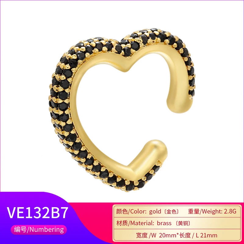 ZHUKOU 1piece 2020 CZ heart Crystal Ear Cuff Earring Fake piercing clips on earrings for women gold/silver color ear Clip VE132